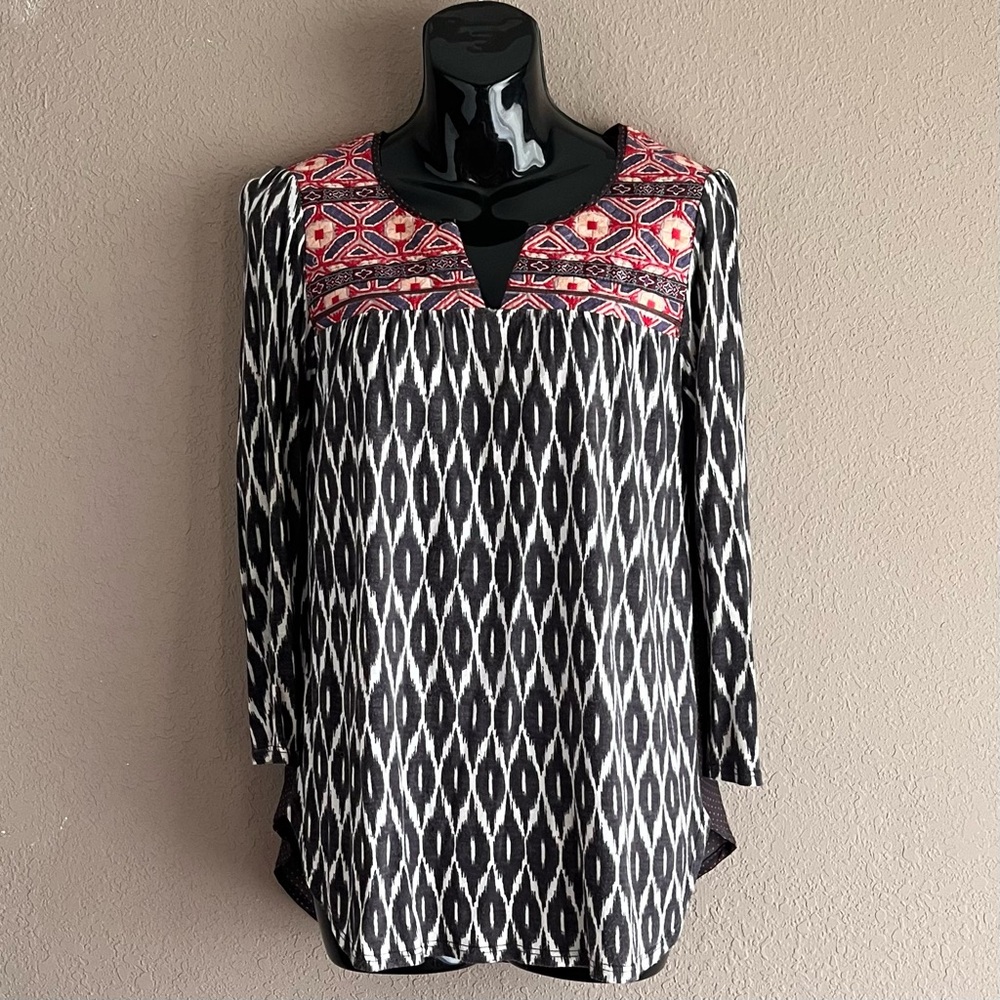 Anthropologie Ikat Print & Embroidered Top